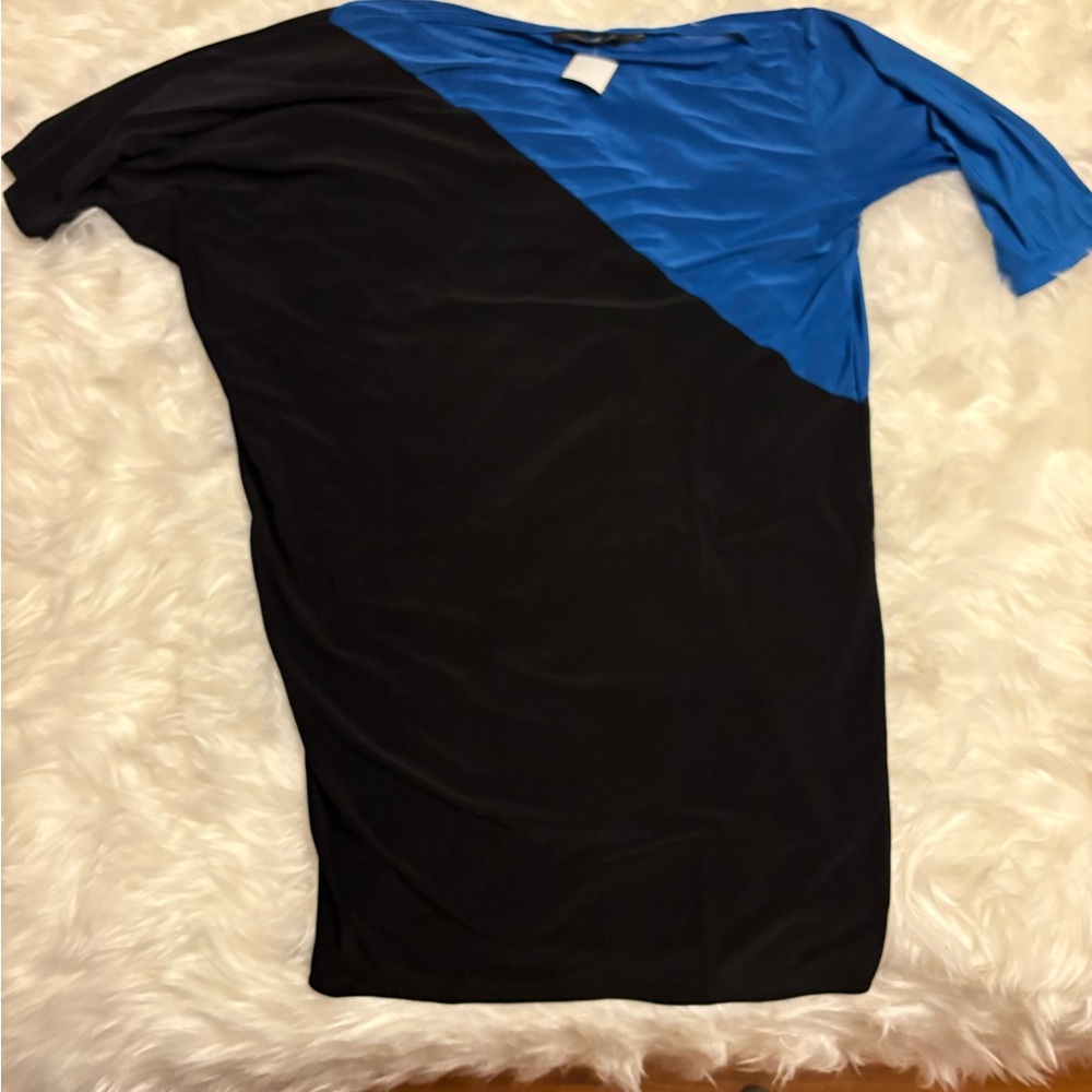 Black and Blue Colour block Dress, Celine mini dress, Asymmetrical cobalt blue